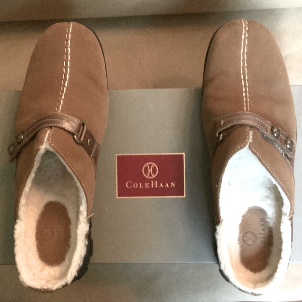 Cole Haan Camel Suede Slip-On Shoes with Faux Fur